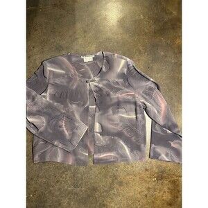 Vintage Aliki Yamani Silk Blouse M Gray Abstract Button Front Shoulder Pad Top
